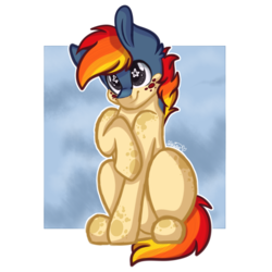 Size: 1200x1200 | Tagged: safe, artist:autumnheart462, oc, oc only, oc:ember, earth pony, pony, freckles, male, raised hoof, simple background, sitting, smiling, solo, stallion, starry eyes, transparent background, wingding eyes