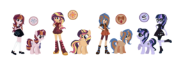 Size: 2600x856 | Tagged: safe, artist:gallantserver, oc, oc:arpeggio twinkle, oc:everfree shine, oc:silver screen, oc:twilight stardust, pony, equestria girls, g4, base used, cutie mark background, cutie mark on clothes, equestria girls ponified, family, female, half-siblings, hand on hip, magical lesbian spawn, offspring, parent:juniper montage, parent:sci-twi, parent:sonata dusk, parent:sunset shimmer, parents:scitwishimmer, parents:sunata, ponified, siblings, simple background, sisters, transparent background