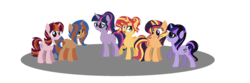 Size: 2245x743 | Tagged: safe, artist:gallantserver, sci-twi, sunset shimmer, twilight sparkle, oc, oc:arpeggio twinkle, oc:everfree shine, oc:silver screen, oc:twilight stardust, alicorn, pony, unicorn, equestria girls, g4, alicornified, alternate hairstyle, base used, equestria girls ponified, family, female, half-siblings, lesbian, magical lesbian spawn, offspring, parent:juniper montage, parent:sci-twi, parent:sonata dusk, parent:sunset shimmer, parents:scitwishimmer, parents:sunata, ponified, race swap, raised hoof, shimmercorn, ship:sci-twishimmer, ship:sunsetsparkle, shipping, siblings, simple background, sisters, transparent background, unicorn sci-twi