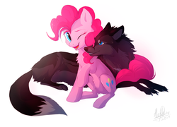 Size: 965x695 | Tagged: safe, artist:hioshiru, pinkie pie, earth pony, pony, wolf, g4, chest fluff, duo, female, mare, one eye closed, open mouth, prone, raised hoof, simple background, sitting, smiling, snuggling, white background