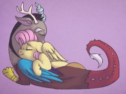 Size: 2048x1536 | Tagged: safe, artist:incendiarymoth, discord, fluttershy, draconequus, pegasus, pony, g4, cuddling, cute, discute, eyes closed, female, male, mare, ship:discoshy, shipping, straight