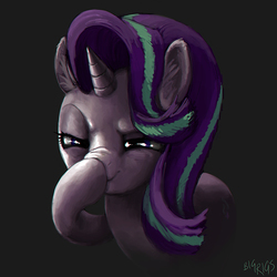 Size: 2500x2500 | Tagged: safe, artist:bigrigs, starlight glimmer, pony, unicorn, g4, 3d, boop, dark, dark background, ear fluff, exploitable meme, female, glimmerposting, gray background, high res, mare, meme, nose wrinkle, self-boop, signature, simple background, solo