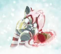 Size: 1800x1600 | Tagged: safe, alternate version, artist:grayworldcorporation, oc, oc only, oc:mr kizu, pony, unicorn, blurry, blushing, clothes, ear fluff, female, looking at you, magic, mare, romantic, scarf, smiling, snow, socks, solo, striped socks, telekinesis, winter