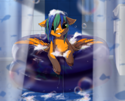Size: 3240x2622 | Tagged: safe, artist:rokufuro, oc, oc only, oc:naarkerotics, pegasus, pony, cute, high res, pegasus oc, smiling, soap, soap bubble, solo, swimming pool, unshorn fetlocks, wet mane, wings, ych result