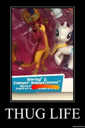 Size: 803x1200 | Tagged: safe, capper dapperpaws, rarity, abyssinian, anthro, digitigrade anthro, g4, my little pony: the movie, clothes, coat, irl, motivational poster, photo, shipping fuel, thug life, toy