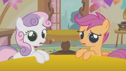 Size: 1920x1080 | Tagged: safe, screencap, scootaloo, sweetie belle, pony, call of the cutie, g4, cute, door, female, filly, looking at you, sugarcube corner, table