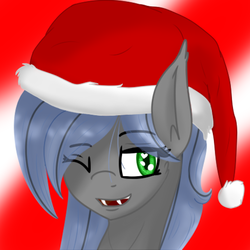 Size: 512x512 | Tagged: safe, artist:eclipsepenumbra, oc, oc only, oc:eclipse penumbra, bat pony, abstract background, bat pony oc, bust, christmas, hat, holiday, one eye closed, santa hat, wink