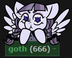 Size: 739x600 | Tagged: safe, artist:/d/non, inky rose, pegasus, pony, derpibooru, g4, 666, black background, braid, dark background, female, goth, looking at you, mare, meta, pentagram, pentagram eyes, scrunchy face, simple background, solo, spread wings, starry eyes, stars, tags, wingding eyes, wings
