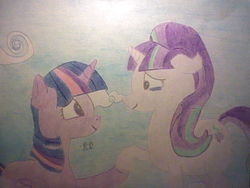 Size: 640x480 | Tagged: safe, artist:rubydeluxe, starlight glimmer, twilight sparkle, g4, cloudsdale, holding hooves, show accurate, sky, traditional art
