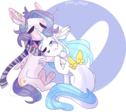 Size: 3761x3368 | Tagged: safe, artist:erinartista, oc, oc only, oc:princess lily, pegasus, pony, unicorn, chibi, clothes, female, high res, hug, mare, scarf, simple background, transparent background