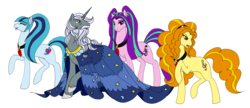 Size: 6007x2600 | Tagged: safe, artist:westphalianartist, adagio dazzle, aria blaze, sonata dusk, star swirl the bearded, pony, unicorn, g4, adult, beard, bedroom eyes, choker, cloak, clothes, cutie mark, daddy star swirl, eyes closed, facial hair, female, fluffy mane, gem, long mane, looking back, male, mare, moon, old, older, over the shoulder, pigtails, ponified, ponytail, raised hoof, simple background, smiling, stallion, stars, the dazzlings, transparent background, wizard