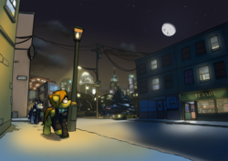 Size: 1061x753 | Tagged: safe, artist:captainhoers, soarin', spitfire, pegasus, pony, g4, city, female, male, mare, moon, night, snow, stallion, street corner, winter