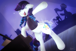 Size: 1200x811 | Tagged: safe, artist:hosikawa, coloratura, earth pony, pony, g4, the mane attraction, bipedal, crying, eyes closed, female, floppy ears, glowing cutie mark, harp, musical instrument, open mouth, piano, rara, singing, solo, stage, tears of joy, teary eyes, the magic inside