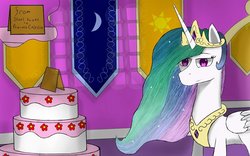 Size: 1024x640 | Tagged: safe, artist:ponywithautname, princess celestia, alicorn, pony, g4, cake, colored pupils, female, food, mare, smiling, solo