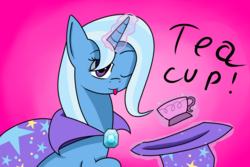 Size: 1280x853 | Tagged: safe, artist:ponywithautname, trixie, pony, unicorn, g4, :p, cup, female, gradient background, hair over one eye, levitation, looking at you, magic, mare, one eye closed, solo, teacup, telekinesis, that pony sure does love teacups, tongue out, wink