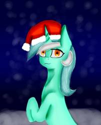 Size: 1280x1584 | Tagged: safe, artist:ponywithautname, lyra heartstrings, pony, unicorn, g4, christmas, colored pupils, female, hat, holiday, looking at you, mare, rearing, santa hat, snow, solo