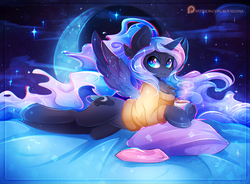 Size: 1777x1309 | Tagged: safe, artist:koveliana, princess luna, alicorn, pony, g4, bed, chocolate, chromatic aberration, clothes, cute, female, food, hot chocolate, lying on bed, mare, moon, night, patreon, patreon logo, pillow, sky, solo, stars, sweater, sweet dreams fuel