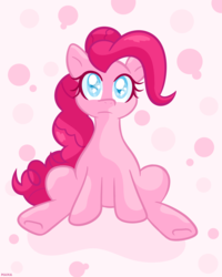 Size: 2000x2500 | Tagged: safe, artist:starstruckmana, pinkie pie, earth pony, pony, g4, abstract background, colored pupils, female, frown, high res, looking at you, mare, signature, sitting, solo