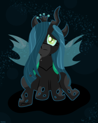 Size: 2000x2500 | Tagged: safe, artist:starstruckmana, queen chrysalis, changeling, changeling queen, g4, abstract background, colored pupils, crown, female, hair over one eye, high res, jewelry, regalia, sad, signature, sitting, solo, story in the comments