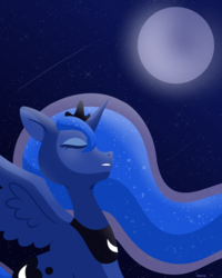 Size: 2000x2500 | Tagged: safe, artist:starstruckmana, princess luna, alicorn, pony, g4, eyes closed, female, high res, mare, moon, night, signature, solo, spread wings, starry night, stars, wings