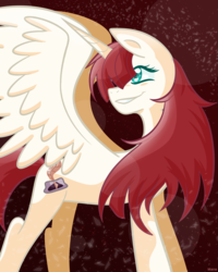 Size: 2000x2500 | Tagged: safe, artist:starstruckmana, oc, oc only, oc:fausticorn, alicorn, pony, abstract background, colored pupils, female, hair over one eye, high res, looking back, mare, signature, smiling, solo, spread wings, wings