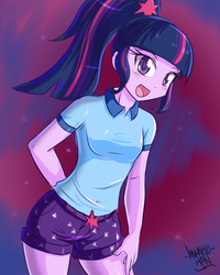 Size: 2000x2500 | Tagged: safe, artist:danmakuman, sci-twi, twilight sparkle, human, equestria girls, g4, my little pony equestria girls: legend of everfree, clothes, cute, danmakuman is trying to murder us, female, happy, high res, looking at you, missing accessory, open mouth, shorts, smiling, solo, twiabetes