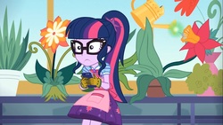 Size: 1366x768 | Tagged: safe, screencap, sci-twi, twilight sparkle, equestria girls, g4, my little pony equestria girls: better together, my little shop of horrors, apron, celestia's house, clothes, glasses, gloves, phone, plant, potted plant, scared, watering can
