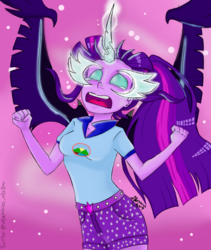 Size: 1156x1371 | Tagged: safe, artist:marssh, sci-twi, twilight sparkle, equestria girls, g4, my little pony equestria girls: legend of everfree, camp everfree outfits, clothes, female, glasses, midnight sparkle, open mouth, possessed, scene interpretation, shorts, solo, teary eyes