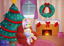 Size: 3900x2830 | Tagged: safe, artist:scarlet-spectrum, oc, oc only, oc:azalea floria, pony, christmas, christmas stocking, christmas tree, christmas wreath, female, fireplace, high res, holiday, leg warmers, mare, smiling, solo, tree, wreath