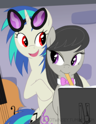 Size: 2625x3375 | Tagged: safe, artist:sotwnisey, dj pon-3, octavia melody, vinyl scratch, earth pony, pony, unicorn, g4, bowtie, cello, female, glasses, high res, lesbian, mare, mouth hold, musical instrument, open mouth, pencil, red eyes, ship:scratchtavia, shipping, smiling, vinyl and octavia's home, wrong coat color, wrong eye color