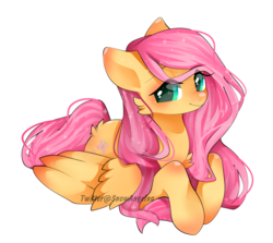 Size: 1200x1068 | Tagged: safe, artist:snow angel, fluttershy, pegasus, pony, g4, cheek fluff, chest fluff, cute, female, looking at you, mare, prone, shyabetes, simple background, smiling, solo, transparent background