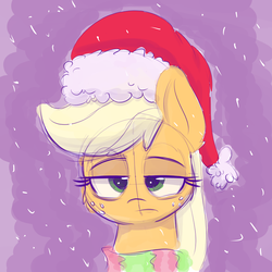 Size: 900x900 | Tagged: safe, artist:heir-of-rick, applejack, earth pony, pony, g4, bust, christmas, clothes, colored sketch, female, freckles, hat, holiday, lidded eyes, looking at you, mare, portrait, santa hat, scarf, solo, unamused