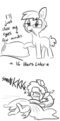 Size: 1650x3300 | Tagged: safe, artist:tjpones, oc, oc only, oc:tjpones, earth pony, pony, bed, bed mane, chest fluff, comic, dialogue, drool, ear fluff, glasses, grayscale, lying, lying on bed, male, monochrome, mouth hold, on back, open mouth, pencil, pillow, simple background, sleeping, smiling, snoring, solo, stallion, white background, zzz