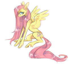 Size: 1920x1762 | Tagged: safe, artist:bebbies, artist:xenon, fluttershy, pegasus, pony, g4, collaboration, female, long mane, looking at you, mare, simple background, sitting, smiling, solo, spread wings, unshorn fetlocks, white background, wings