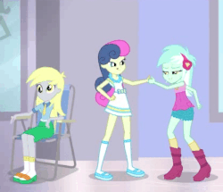 Size: 416x358 | Tagged: safe, screencap, bon bon, derpy hooves, lyra heartstrings, sweetie drops, a fine line, equestria girls, equestria girls series, g4, animated, clothes, cropped, female, legs, shoes, thumb wrestling