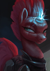 Size: 2243x3200 | Tagged: safe, artist:starblaze25, tempest shadow, pony, unicorn, g4, my little pony: the movie, armor, broken horn, electricity, eye scar, female, high res, horn, magic, mare, scar, smiling, smirk, solo, sparking horn
