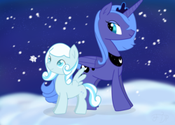 Size: 4200x3000 | Tagged: safe, artist:flamelight-dash, princess luna, oc, oc:snowdrop, g4, duo, duo female, female, filly, simple background, snow, snowfall, speedpaint available, woona, younger