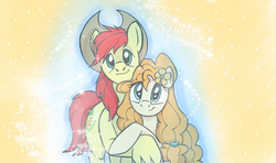 Size: 1600x946 | Tagged: safe, artist:naivintage, bright mac, pear butter, pony, brightbutter, christmas, cowboy hat, elite beat agents, female, glowing, hat, hearth's warming, holiday, looking at you, male, mare, parody, rhythm game, shipping, smiling, snow, snowfall, sparkles, stallion, straight, tearjerker