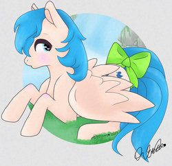 Size: 1024x990 | Tagged: safe, artist:dreamcreationsink, sprinkles (g1), pegasus, pony, g1, bow, female, mare, prone, solo, tail bow