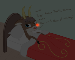Size: 1000x800 | Tagged: safe, artist:mightyshockwave, oc, oc only, oc:sunglow, deer, bed, blanket, dark room, pillow, red nosed, rudolph the red nosed reindeer, sick