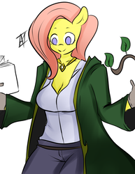 Size: 1275x1650 | Tagged: safe, artist:inuyuru, fluttershy, anthro, g4, book, breasts, cleavage, clothes, colored, druid, dungeons and dragons, female, flutterdruid, gloves, reading, simple background, smiling, solo, white background