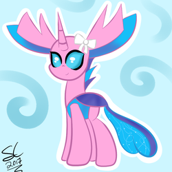 Size: 835x836 | Tagged: safe, artist:sugarcloud12, oc, oc only, oc:heartsy, changedling, changeling, bow, changedling oc, hair bow, solo