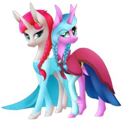 Size: 894x894 | Tagged: safe, artist:monogy, oc, oc only, oc:platinum royale, oc:prudence aura, pony, unicorn, anna, anna (frozen), clothes, cosplay, costume, crossover, elsa, female, frozen (movie), offspring, parent:rarity, parents:canon x oc, sisters