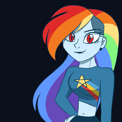 Size: 1920x1920 | Tagged: safe, artist:mlp-firefox5013, rainbow dash, vampire, equestria girls, g4, belly button, black background, clothes, female, looking at you, midriff, red eyes, simple background, solo