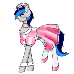 Size: 1000x1000 | Tagged: safe, artist:cappie, artist:riariirii2, oc, oc only, oc:cappie, pony, blushing, clothes, collaboration, crossdressing, maid, male, satin, shiny, shoes, silk, simple background, sissy, solo, stallion, transparent background, uniform