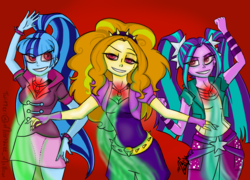 Size: 1280x920 | Tagged: safe, artist:marssh, adagio dazzle, aria blaze, sonata dusk, equestria girls, g4, my little pony equestria girls: rainbow rocks, clothes, female, fingerless gloves, gem, gloves, glowing eyes, jewelry, looking at you, necklace, pants, pendant, pigtails, ponytail, red background, simple background, siren gem, skirt, smiling, the dazzlings, trio, twintails