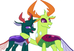 Size: 1009x689 | Tagged: safe, artist:kirbymlp, pharynx, thorax, changedling, changeling, g4, to change a changeling, brotherhood, brotherly love, brothers, changedling brothers, family, king thorax, male, prince pharynx, raised eyebrow, sibling, sibling love, siblings, simple background, smiling, white background