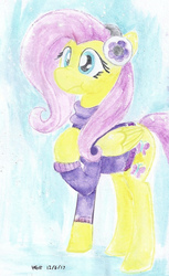 Size: 530x868 | Tagged: safe, artist:astevenamedwolf, fluttershy, pegasus, pony, g4, :i, bottomless, clothes, earmuffs, female, fluttershy's purple sweater, folded wings, hoof on chest, mare, partial nudity, raised hoof, scrunchy face, snow, snowfall, solo, standing, sweater, sweatershy, traditional art, winter, winter outfit, wintershy