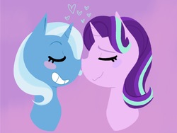 Size: 1922x1444 | Tagged: safe, artist:goldenflower2001, starlight glimmer, trixie, pony, unicorn, g4, blushing, duo, eyes closed, female, heart, lesbian, nuzzling, ship:startrix, shipping, smiling