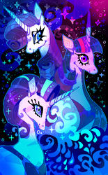 Size: 388x626 | Tagged: safe, artist:suippumato, rarity, starlight glimmer, twilight sparkle, alicorn, classical unicorn, pony, unicorn, g4, female, horn, mare, stars, trio